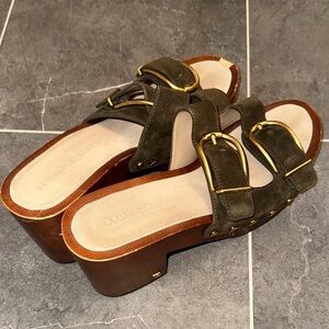 Veronica Beard Olive Green Mules with Gold Buckles